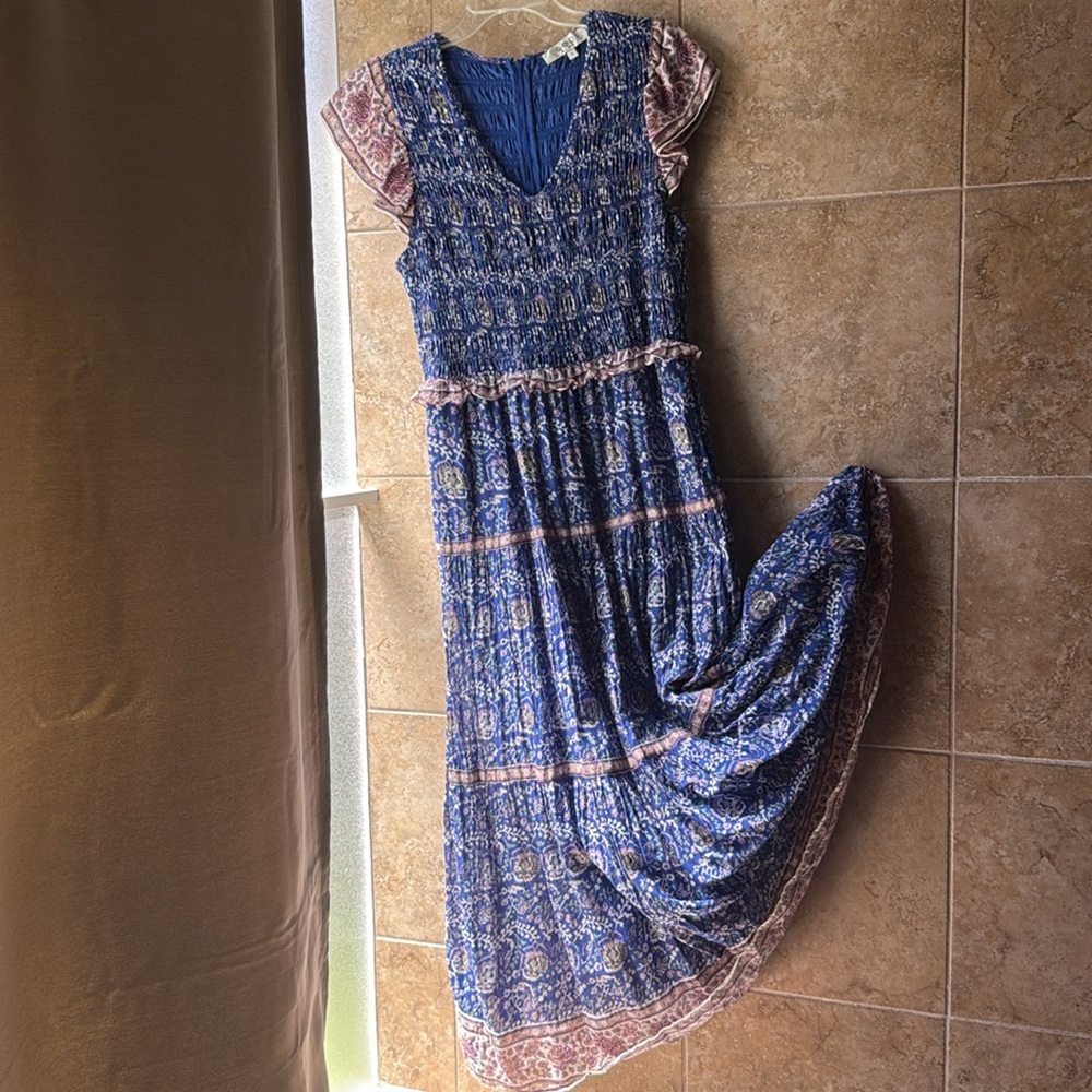 Sea New York Rosita Smocked Midi Dress Pockets 100% Cotton Gauze Cerulean Blue M